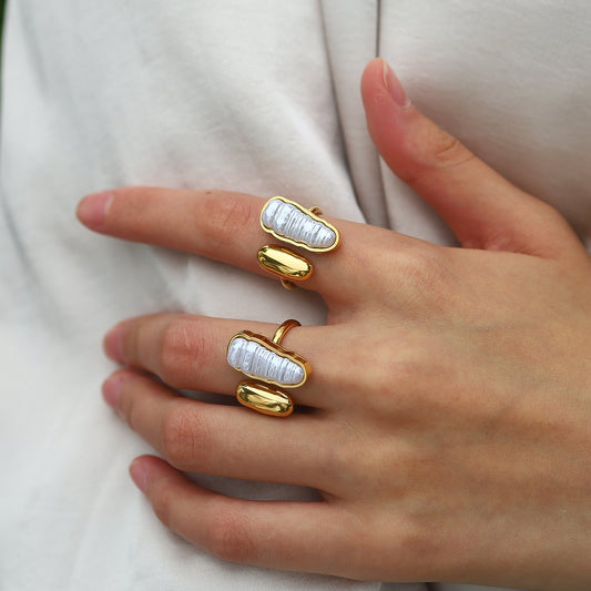 Model wearing Aara Pearl Ring – modern gold and pearl statement jewellery