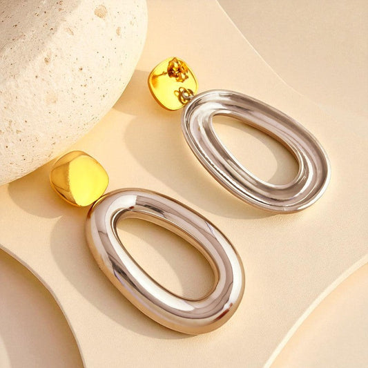 Side view of Echo Form 18K gold-plated statement earrings – bold sculptural jewellery for women – Orlaya Jewellery