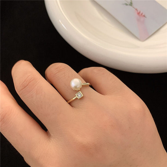 Pearl Duo gold-plated adjustable ring set for women with pearl and crystal – Orlaya Jewellery