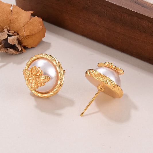 Honey Pearl Stud Earrings – bee design with luminous pearl, nature-inspired jewellery by Orlaya Jewellery