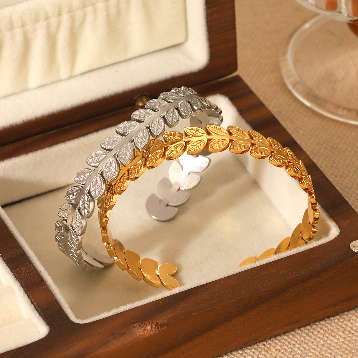 Laurel Crown Cuff Bracelet in gold leaf design on neutral background Orlaya