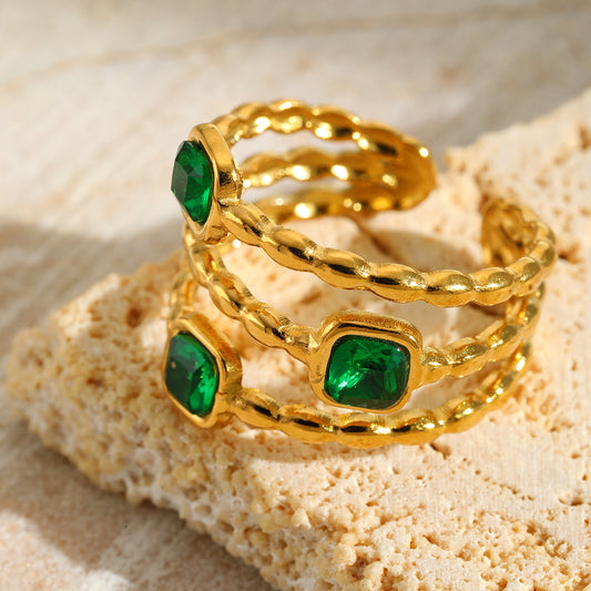 18K gold-plated statement ring for women with green stones – Orlaya Jewellery