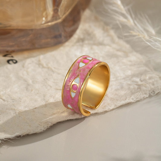 Orlaya adjustable gold plated evil eye ring with pink enamel