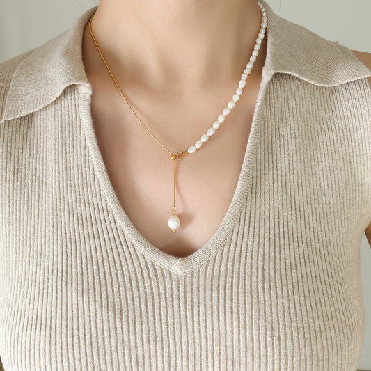 Asymmetric freshwater pearl necklace with gold chain — modern design