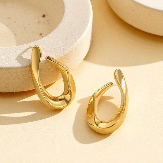 Ripple gold hoop earrings for women, minimal sculpted statement hoops – Orlaya Jewellery