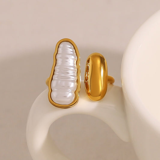 Close-up of Aara Pearl Ring – natural pearl set in 18K gold-plated stainless steel