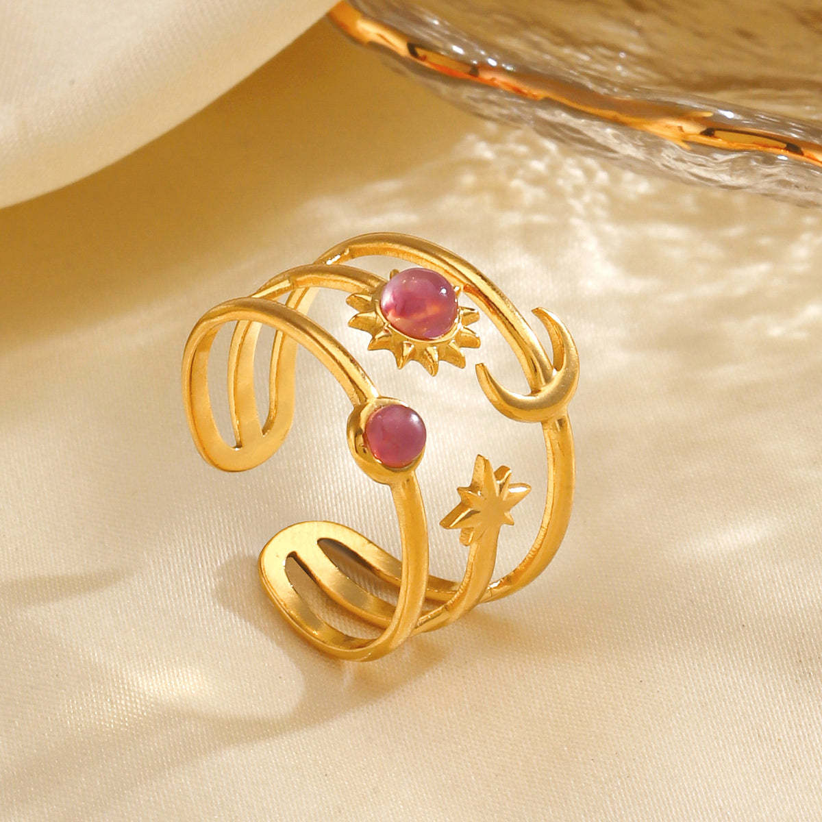 Adjustable celestial gold ring with sun, moon & star