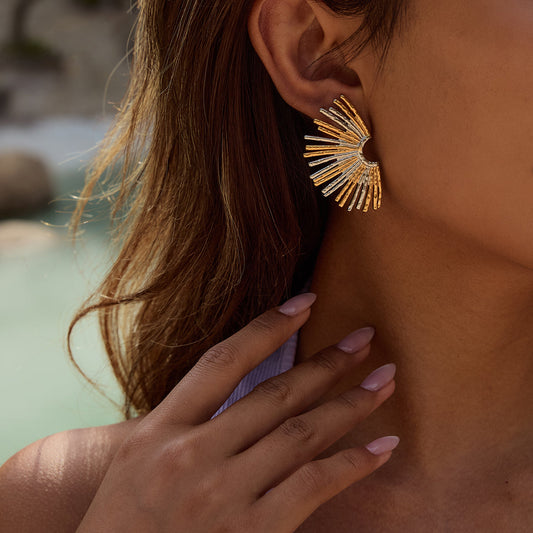 Ray Arc Earrings in Gold and Silver on Model – Statement Party Jewellery by Orlaya