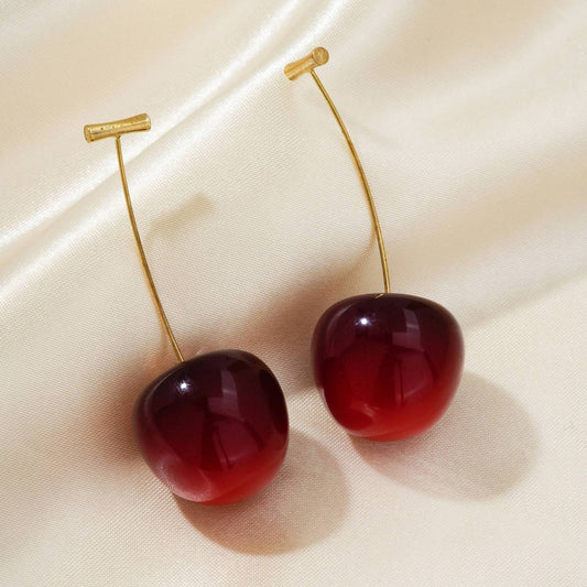 Close-up of Cherry Pop red cherry earrings – glossy fruit earrings for women by Orlaya Jewellery