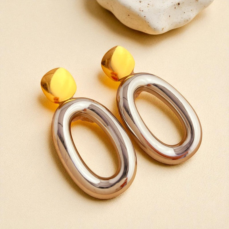 Echo Form 18K gold-plated statement earrings for women – sculptural oval design, front view – Orlaya Jewellery