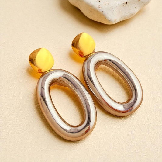 Echo Form 18K gold-plated statement earrings for women – sculptural oval design, front view – Orlaya Jewellery