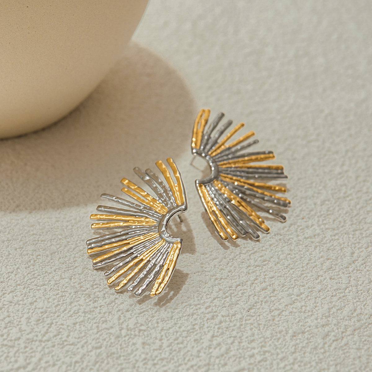 Hammered Gold and Silver Ray Arc Earrings – Flatlay Product Shot by Orlaya Jewellery
