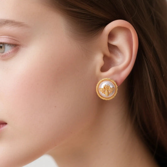 Honey Pearl Stud Earrings – bee design with luminous pearl, nature-inspired jewellery by Orlaya Jewellery

