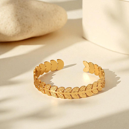 Laurel Crown Cuff Bracelet – gold leaf design on neutral background
