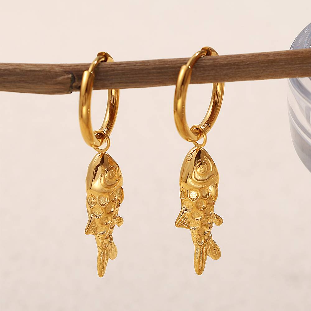 Lucky Koi gold fish earrings – elegant jewellery for women, front view, Orlaya Jewellery
