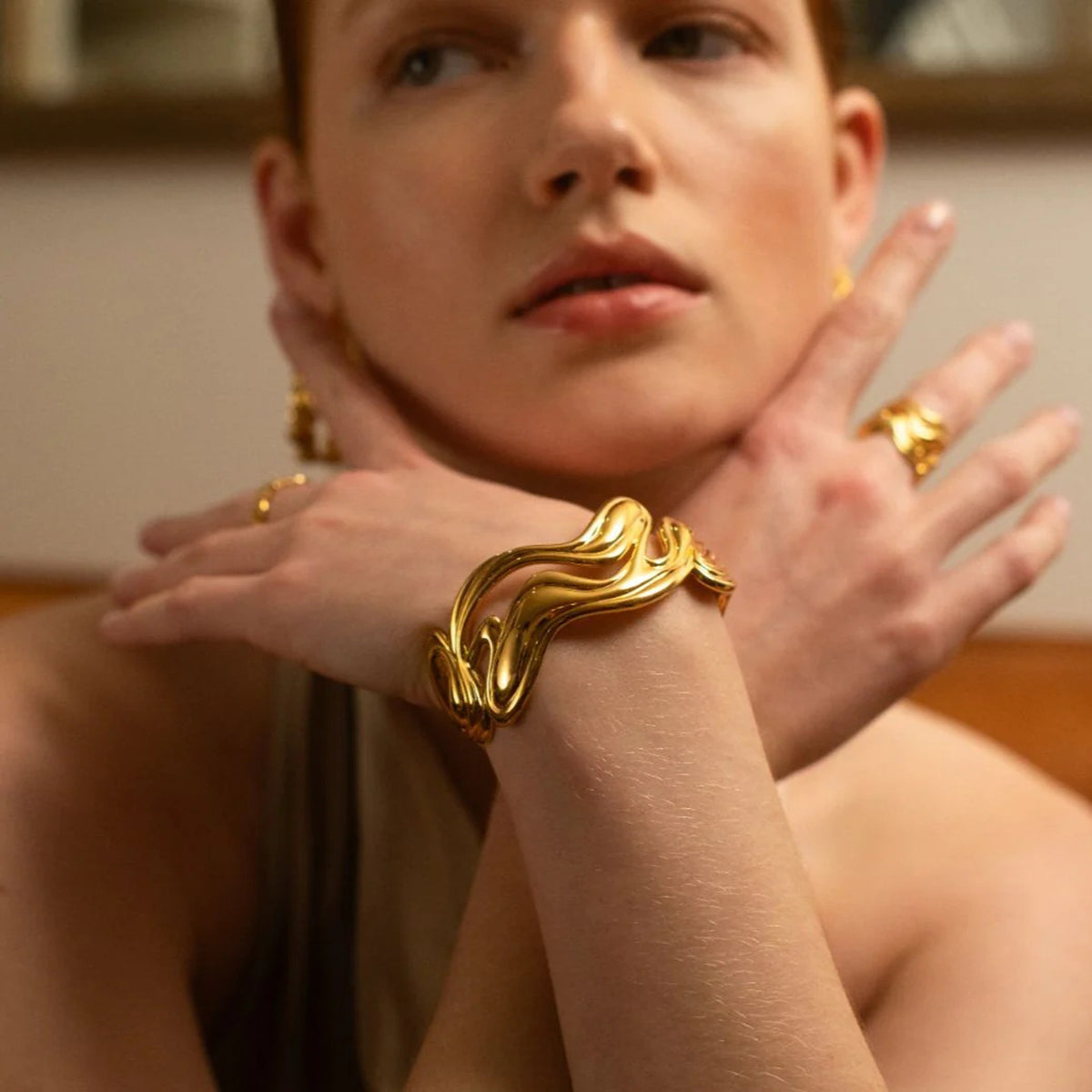 Luna Wave Cuff Bracelet in bold sculptural gold design Orlaya