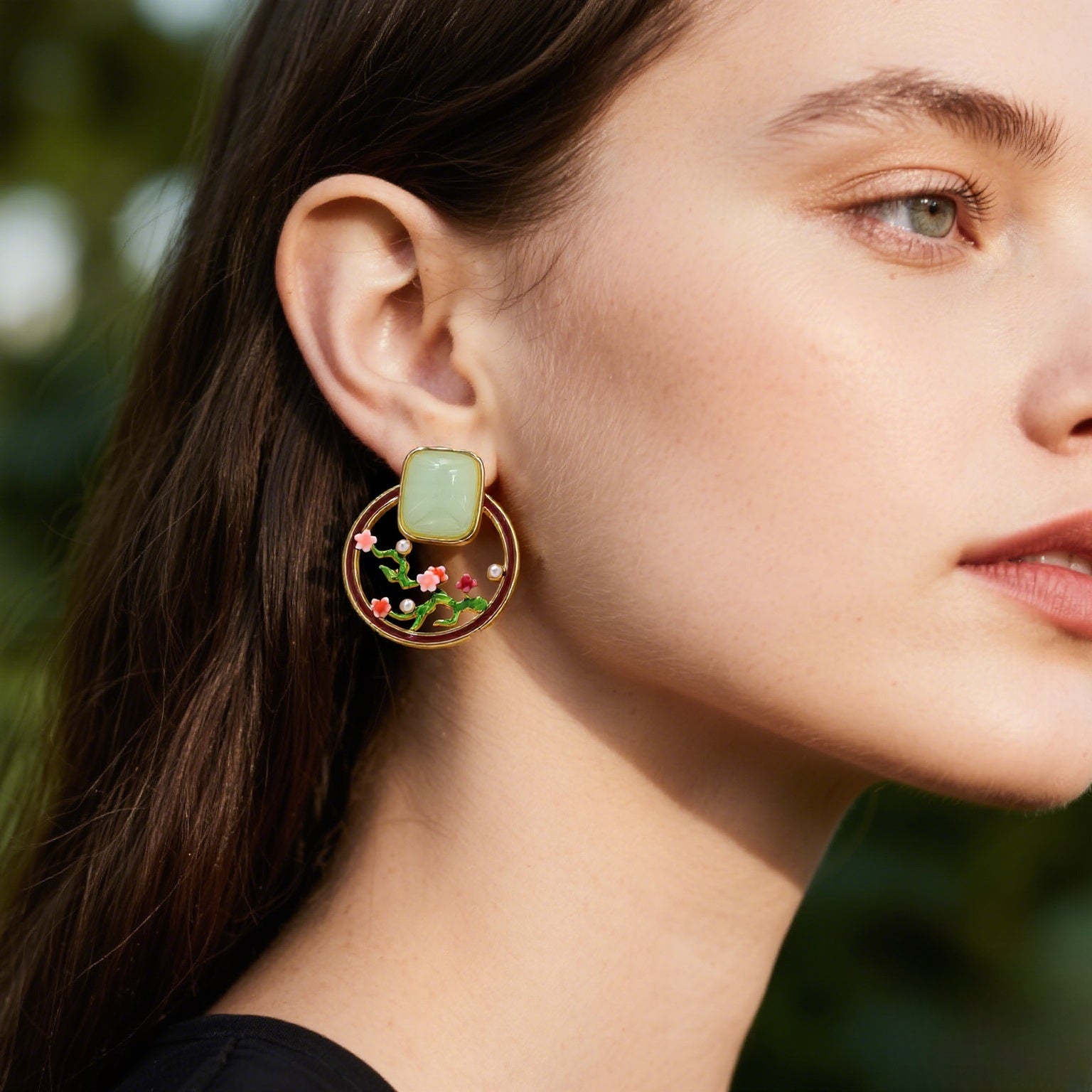 Blossom Garden Earrings – gold-plated floral studs with green stone Orlaya Jewellery