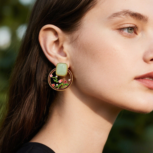 Blossom Garden Earrings – gold-plated floral studs with green stone Orlaya Jewellery