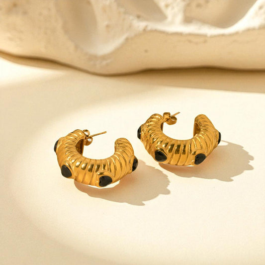 Noir Heart Gold Hoop Earrings – ribbed gold hoops with black heart accents Orlaya Jewellery