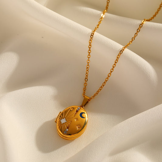 Celestia Locket Necklace — gold-plated sun moon star pendant with enamel by Orlaya Jewellery