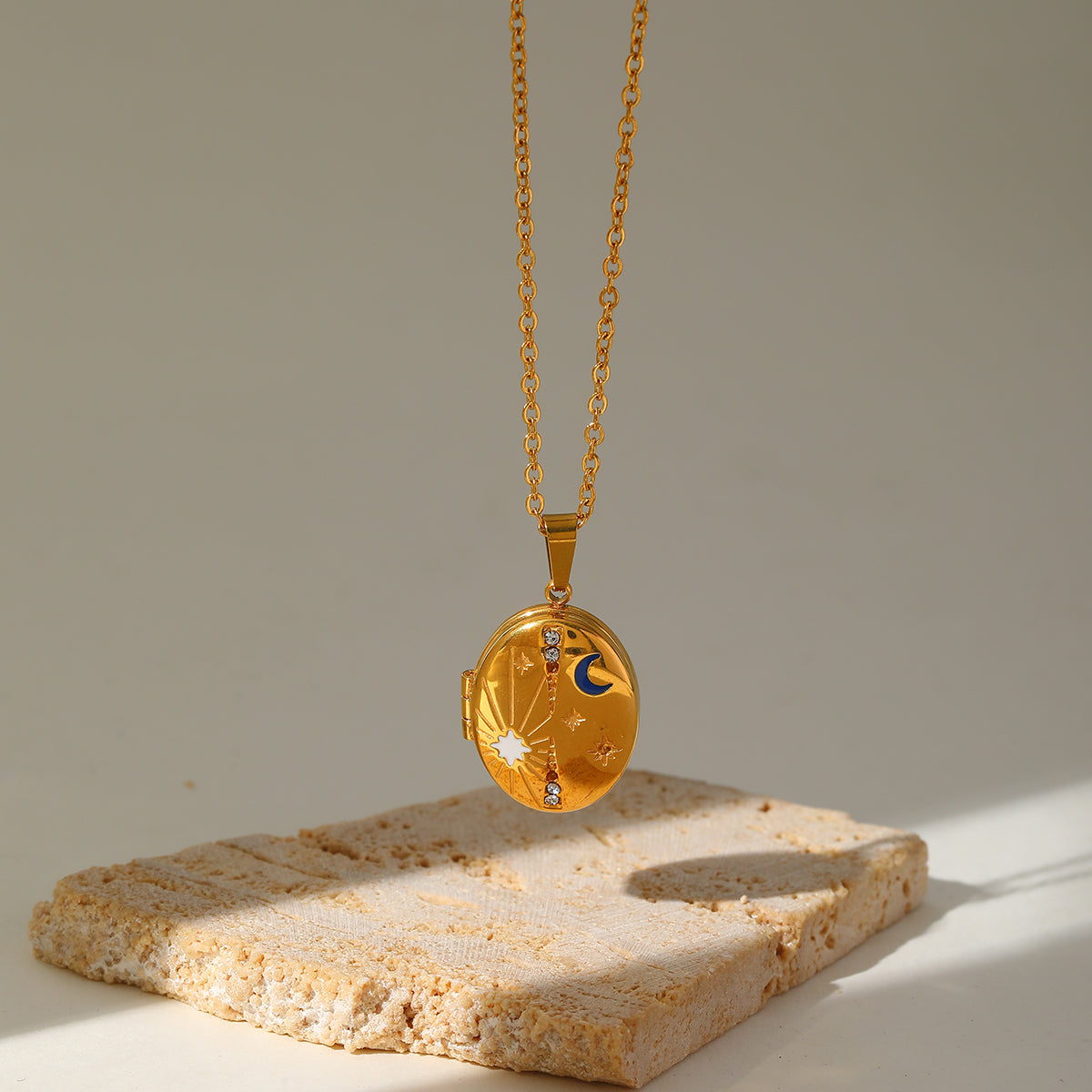 Sun moon star enamel gold locket necklace — Orlaya Jewellery