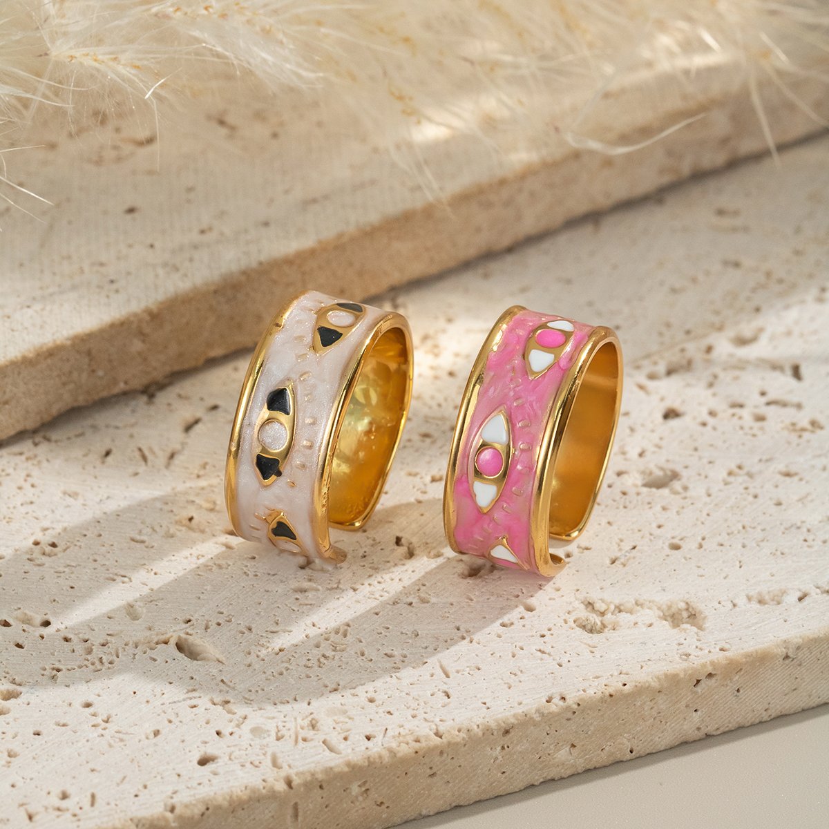 Close-up of Orlaya gold plated evil eye enamel ring, stylish statement jewellery