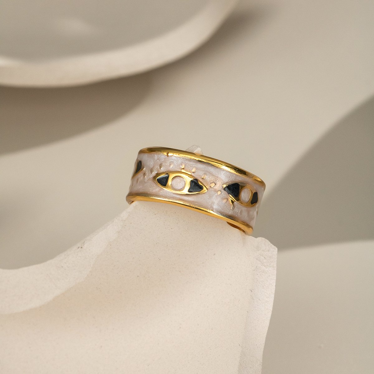 Orlaya adjustable gold plated evil eye ring with white enamel