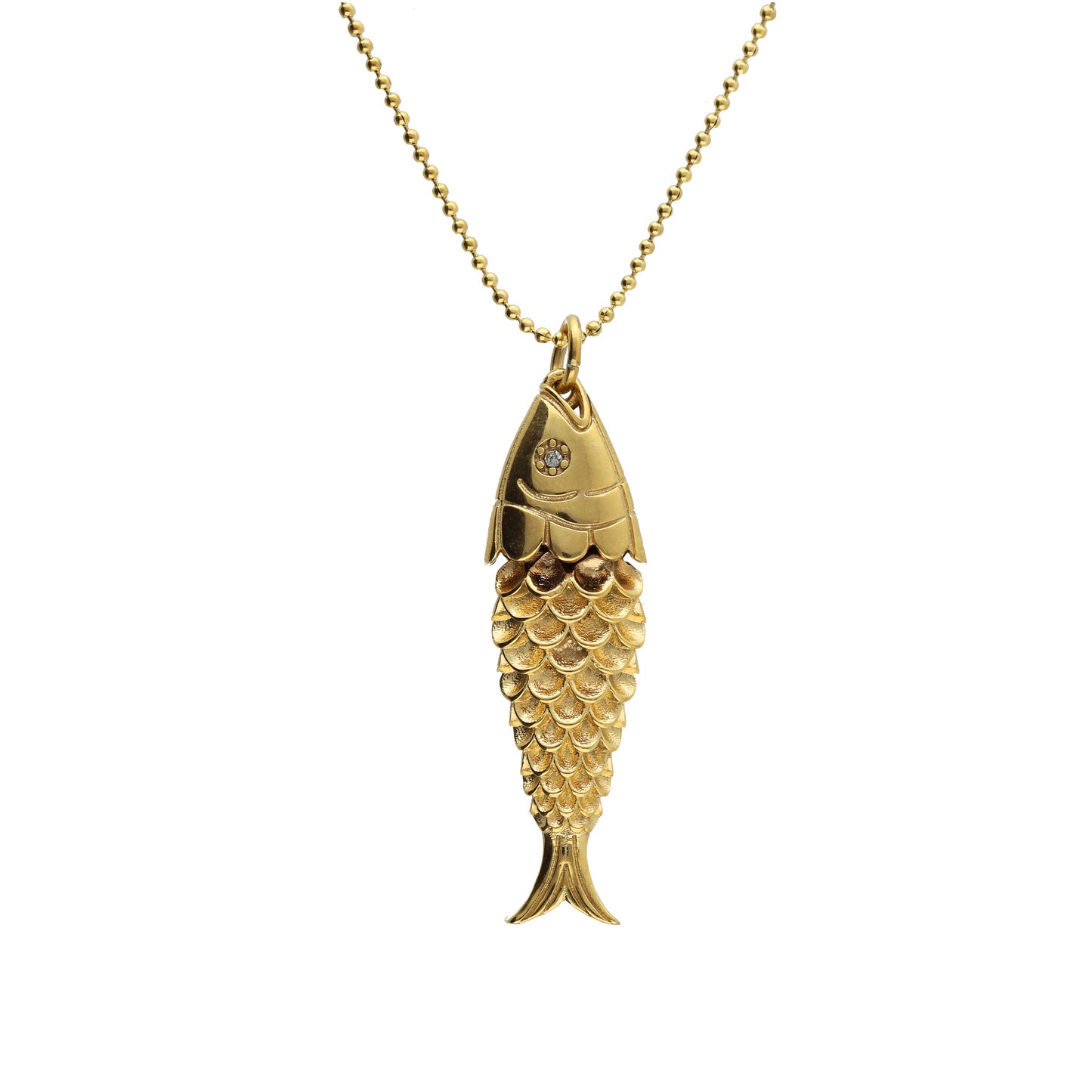 Close‑up of shimmering fish pendant on gold‑tone chain — anti‑tarnish stainless steel