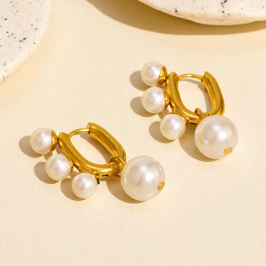 Pearl Cluster Gold Hoop Earrings with multiple pearls on a gold arc, statement earrings for women, Orlaya Jewellery
