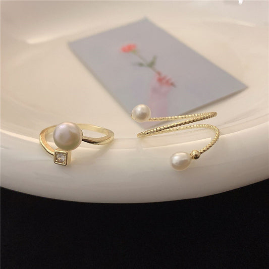 Adjustable gold-plated pearl and crystal ring set – Orlaya Jewellery