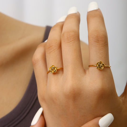 Minimal gold rose ring on hand – delicate floral design jewelry for women, perfect for everyday wear or gifting