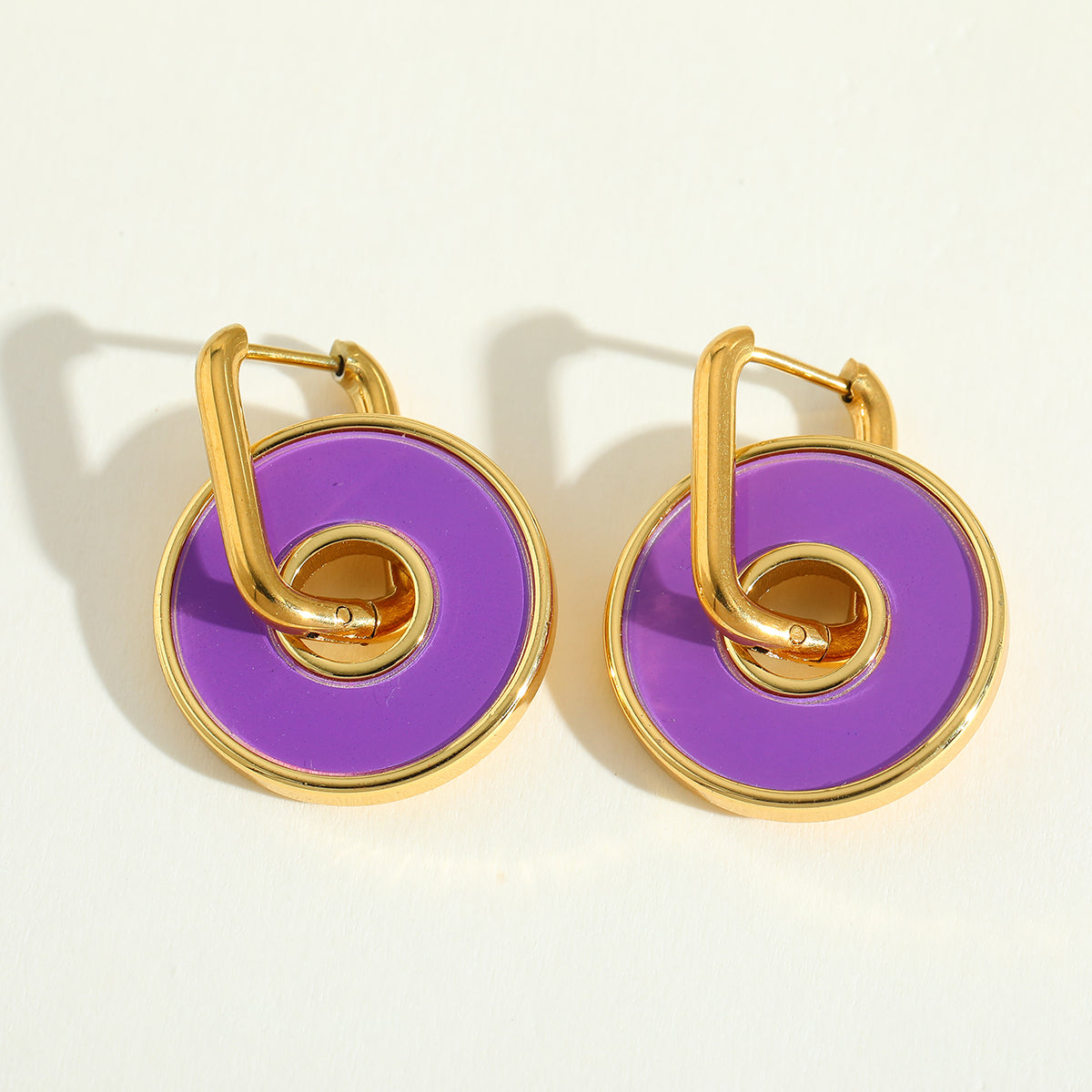 Pop Loop purple candy-coloured 18K gold-plated earrings – glossy enamel statement jewellery by Orlaya Jewellery