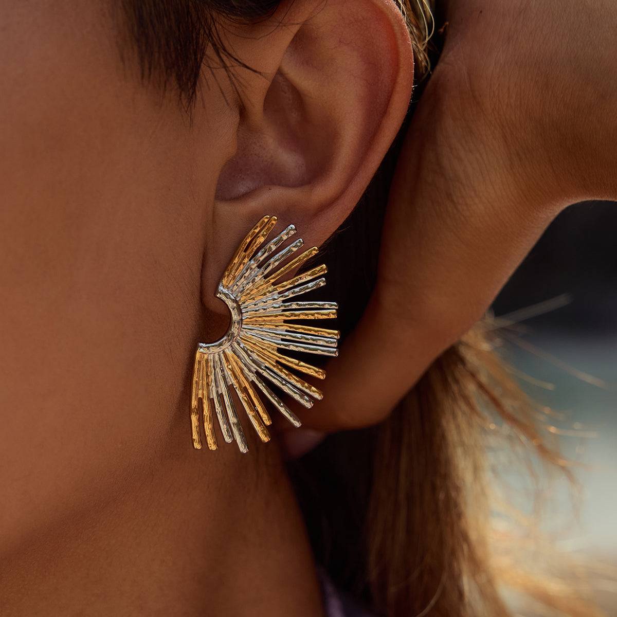 Asymmetric Ray Arc Earrings in Gold and Silver – Sculptural Party Jewellery by Orlaya Jewellery

