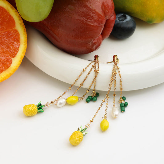 Gold pineapple and pearl dangle earrings with green bead accents – summer beach vacation style – Tropic Pop by Orlaya Jewellery
