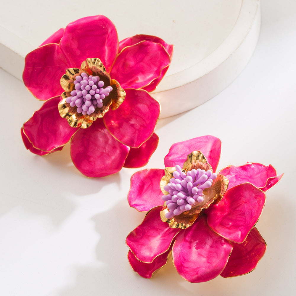 Tropical pink floral earrings with gold details – Orlaya Jewellery