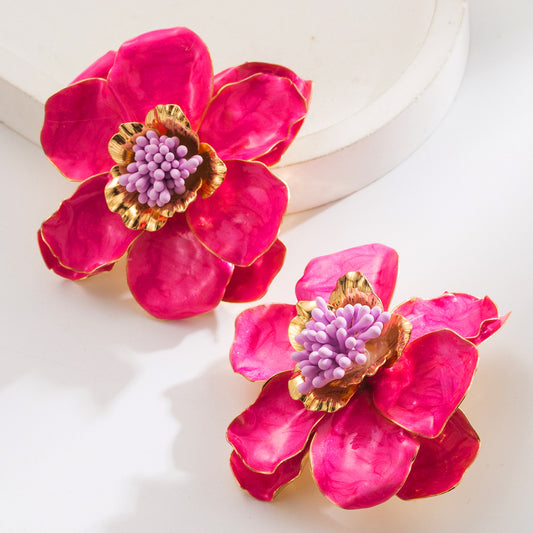 Tropical pink floral earrings with gold details – Orlaya Jewellery