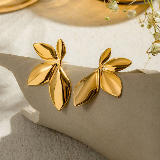 Verdure Gold Statement Earrings with sculpted leaf design – front view Orlaya Jewellery
